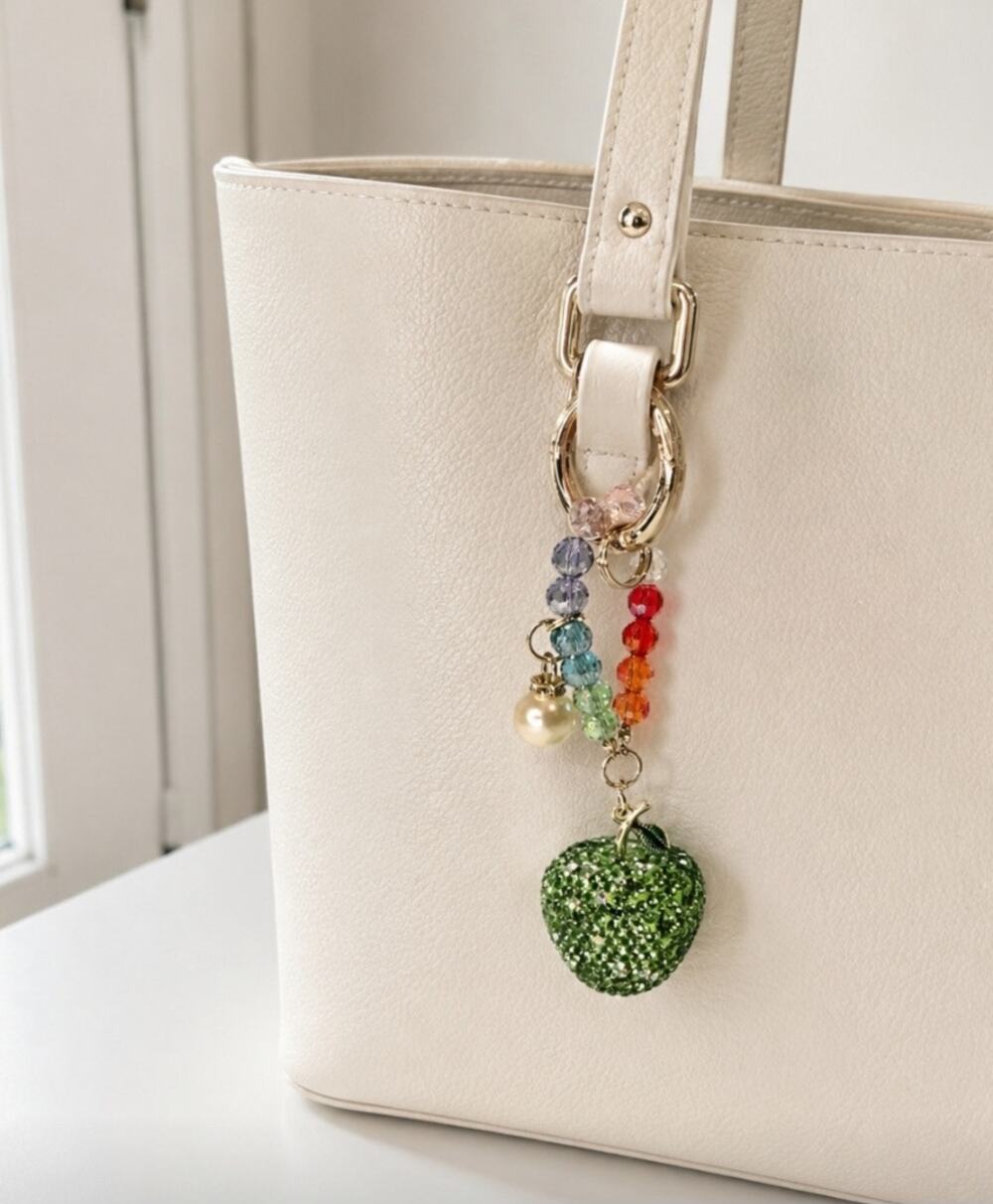 Rhinestone Green Apple Beaded Key Ring New